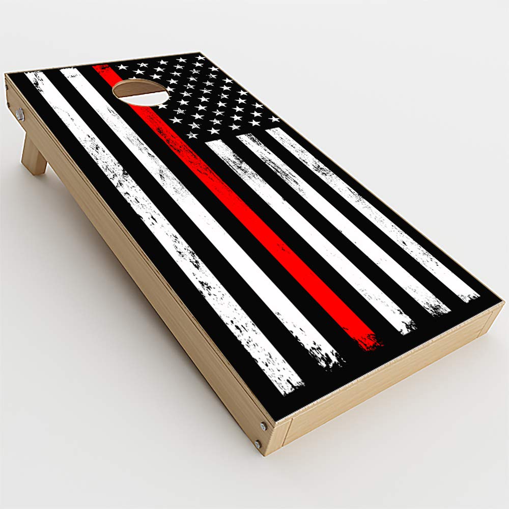 Skin Decals Vinyl Wrap for Cornhole Game Board Bag Toss (4 pcs.) Includes Dry Erase Marker and Scoreboard | Thin Red Line Flag