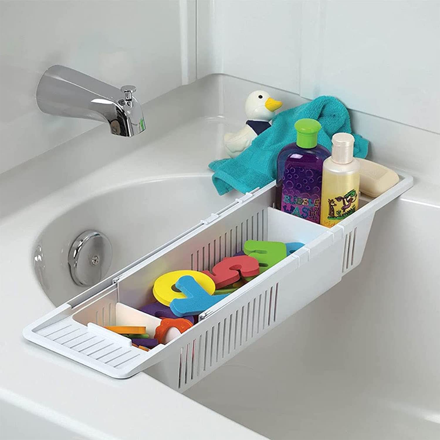 Beauenty Bathtub Caddy Tray Plastic Bathtub Basket Shelf Rack Bath Toys Organizer Retractable Storage Rack