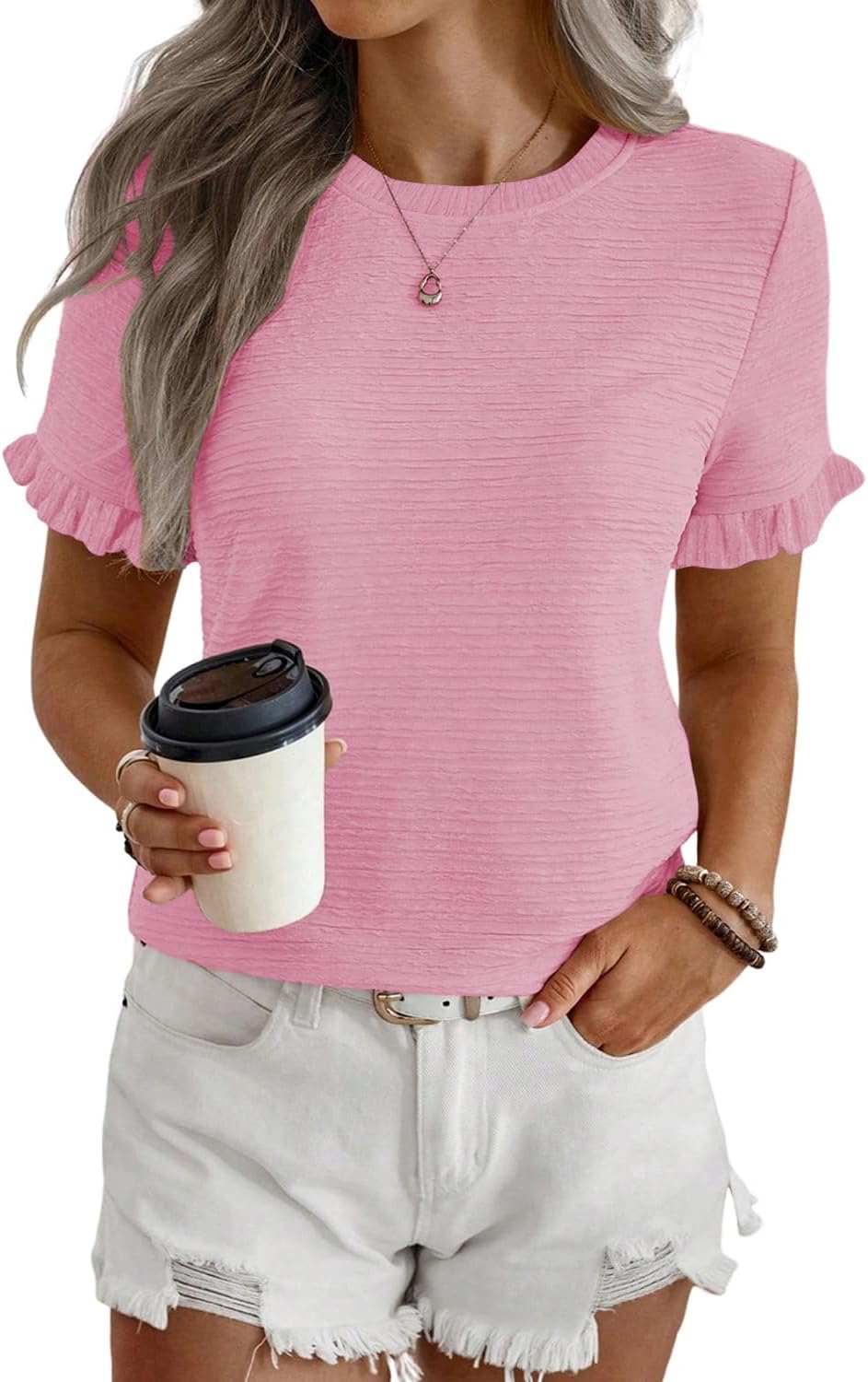 Summer Casual Ruffle Top Short Sleeve Textured Blouse Crewneck Loose T Shirt
