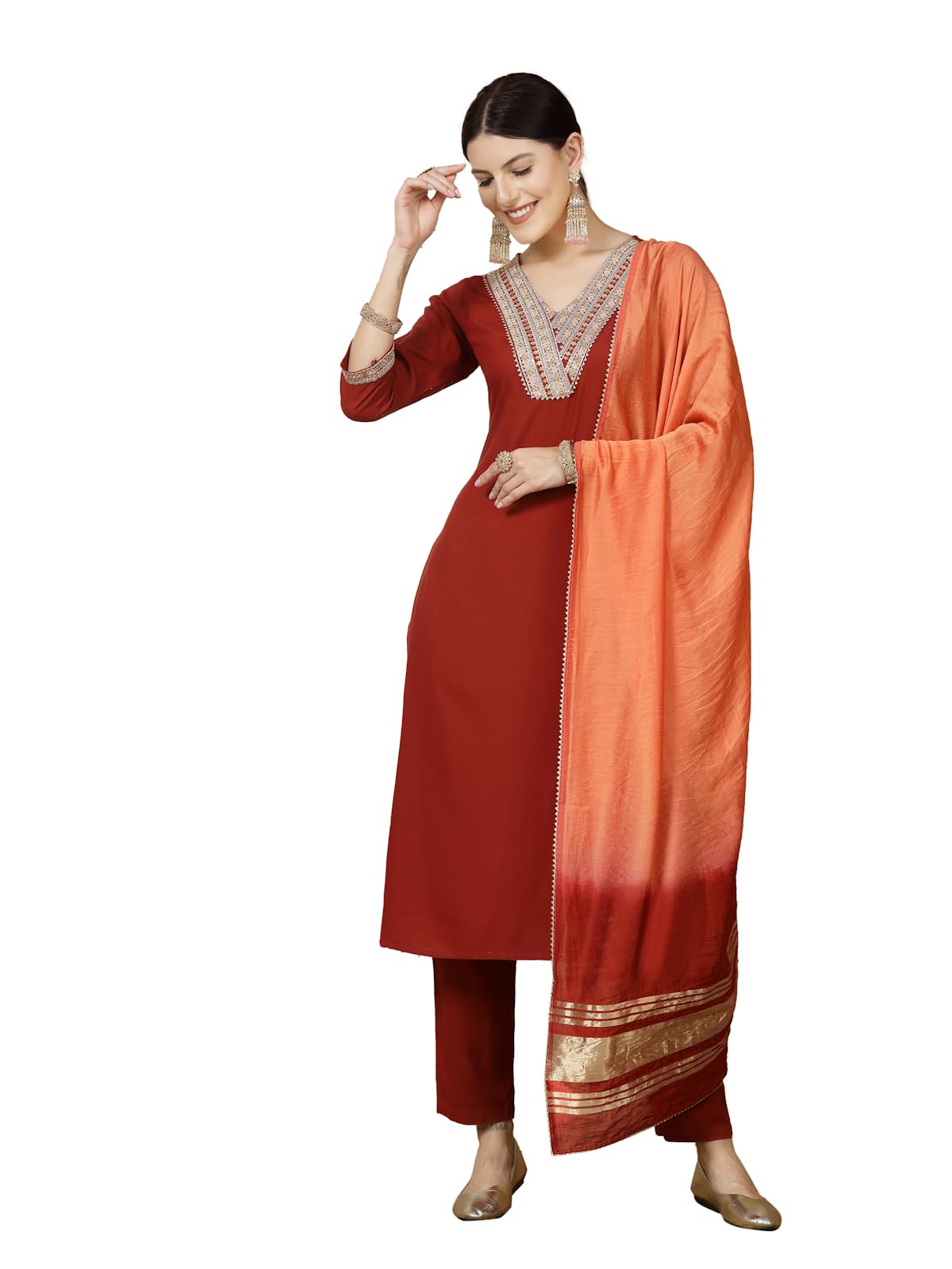 Stylum Women's Solid & Embroidered Rayon Straight Kurta Pant & Dupatta Set (Kpdrustkaavi38_Rust, M)