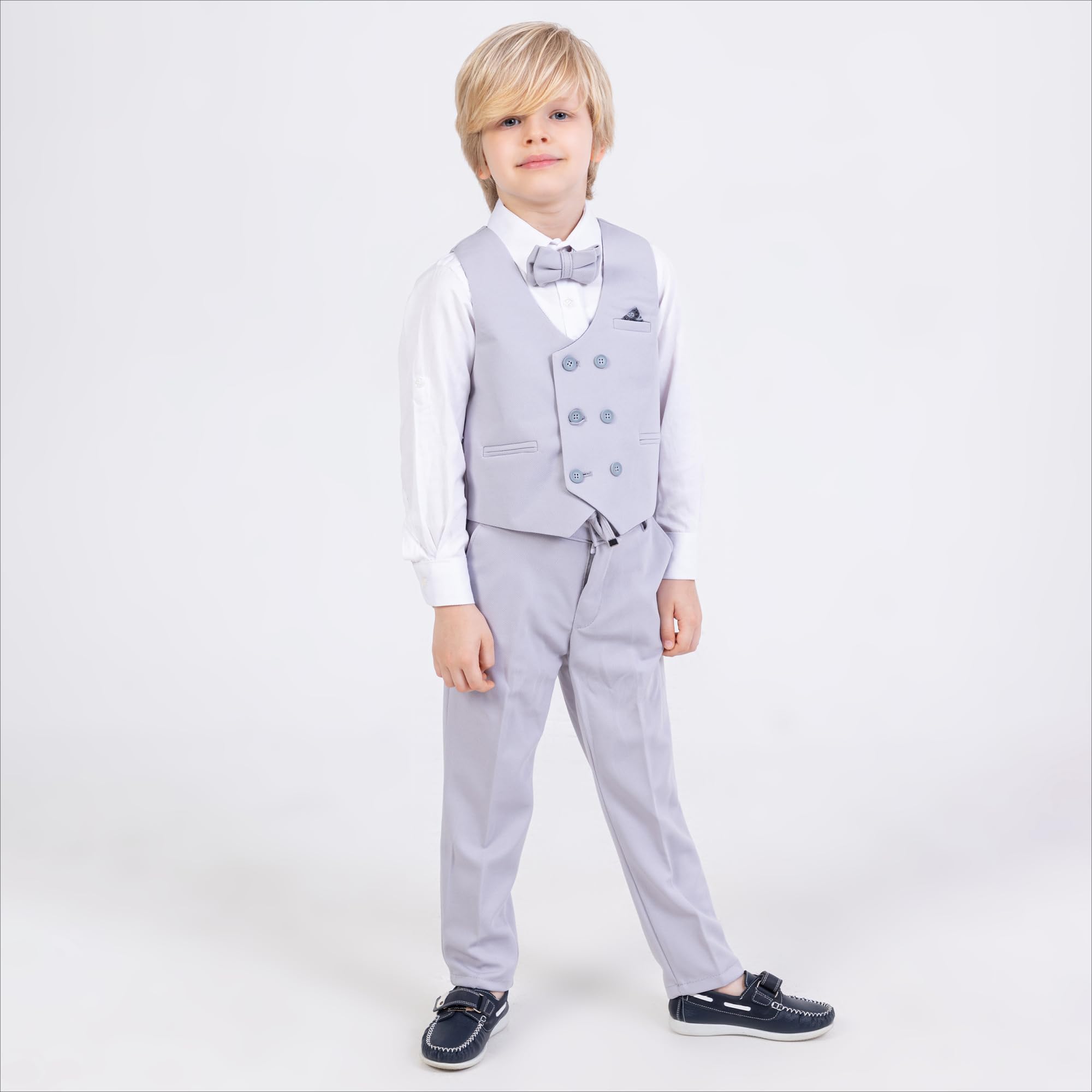Gilet per ragazzi | Set di 4 pezzi camicia, pantaloni, gilet e papillon | Abbigliamento formale e per feste per ragazzi di età compresa tra 1 e 13 anni
