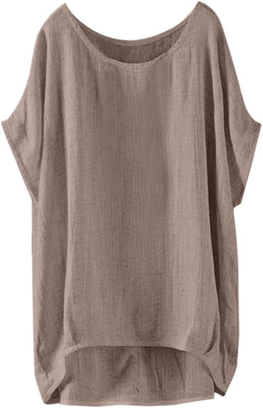 Gkojhj Linen Blouse Women's Oversize Short Sleeve Crew Neck Casual Cotton Vintage Print All-Match Basic Blouse Tops Summer Blouses & Tunics Tunic Fitness Sports Tops Summer, khaki, Large