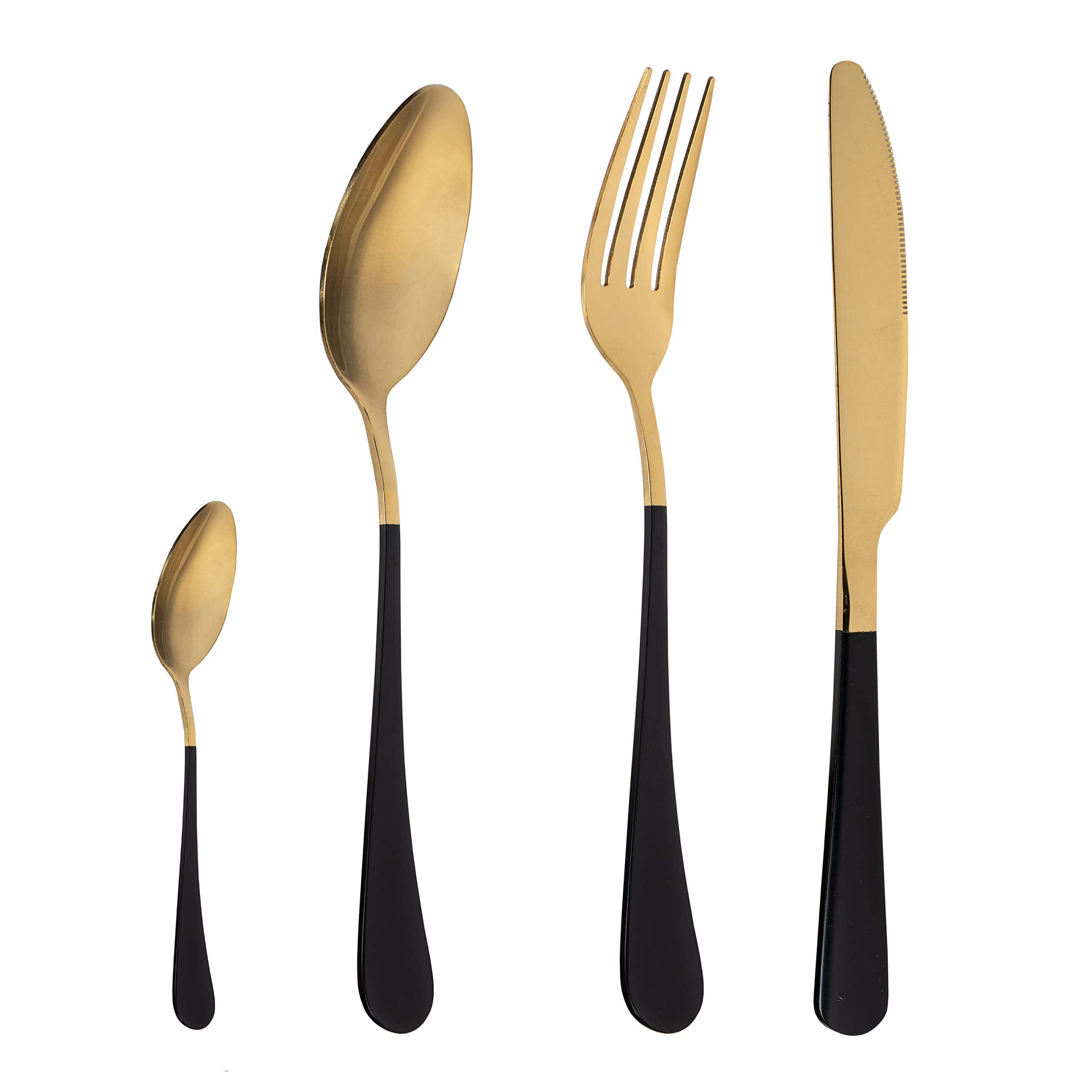 Krumble Besteck-Set 24 Teile - 6 Personen - Besteck-Set besteht aus einem Messer, Gabel, Löffel und Dessertlöffel - Tafelmesser - Tafellöffel - Edelstahl - Gold und schwarz
