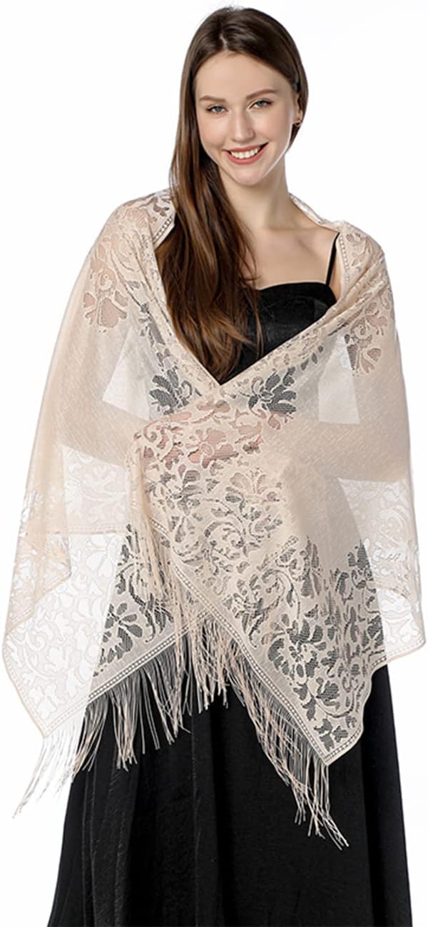 FAIRYGATEScarfs for Women Lightweight Floral Lace Party Prom Wedding Shawl Scarf with Fringe Oversized Scarves