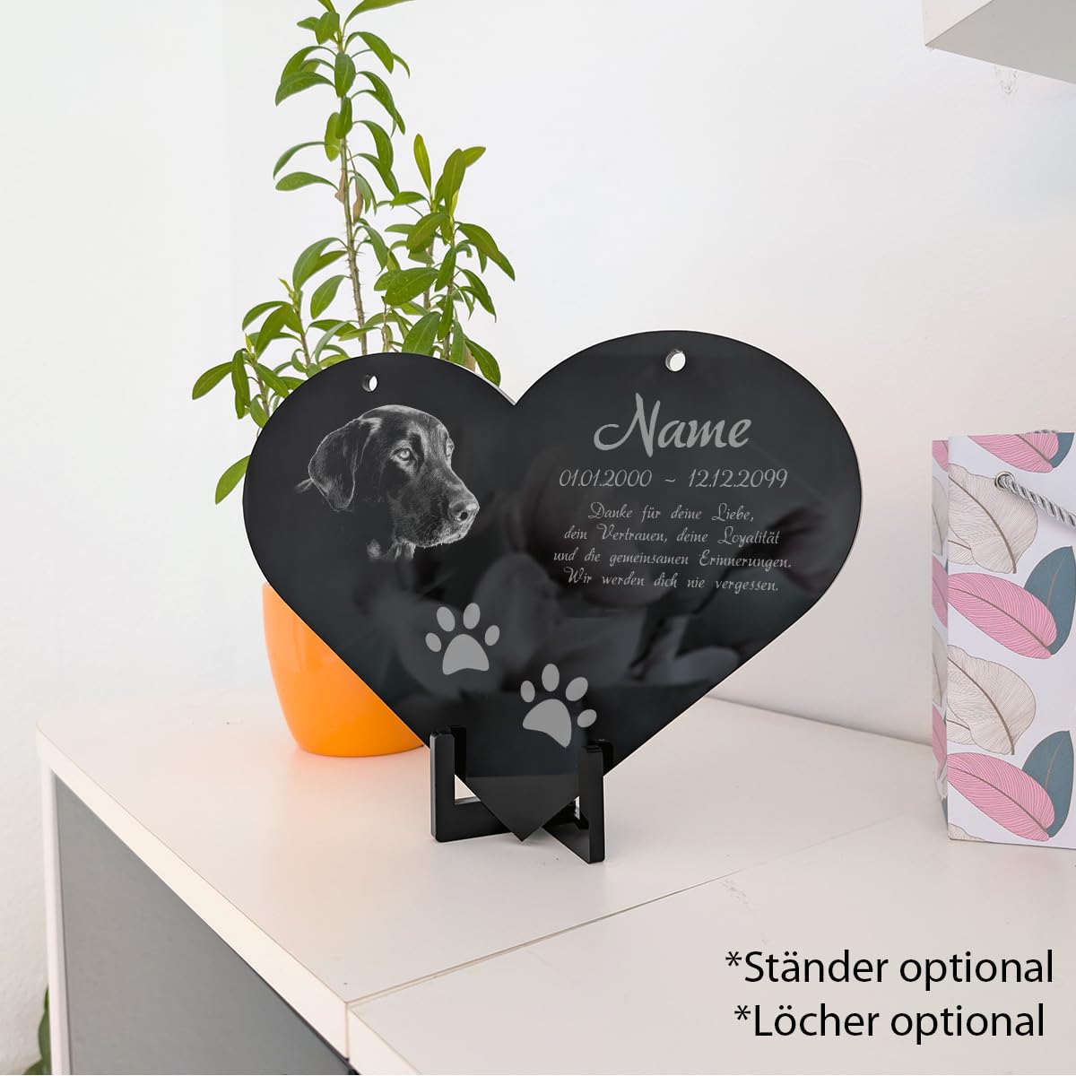 Personalisierter Tier Herz Grabstein Grabschmuck mit Foto Gravur - Acrylglas Schwarz Hochglanz 300 x 225 mm - wetterfest, für Hund, Katze und alle Haustiere, individuelles Foto und Text