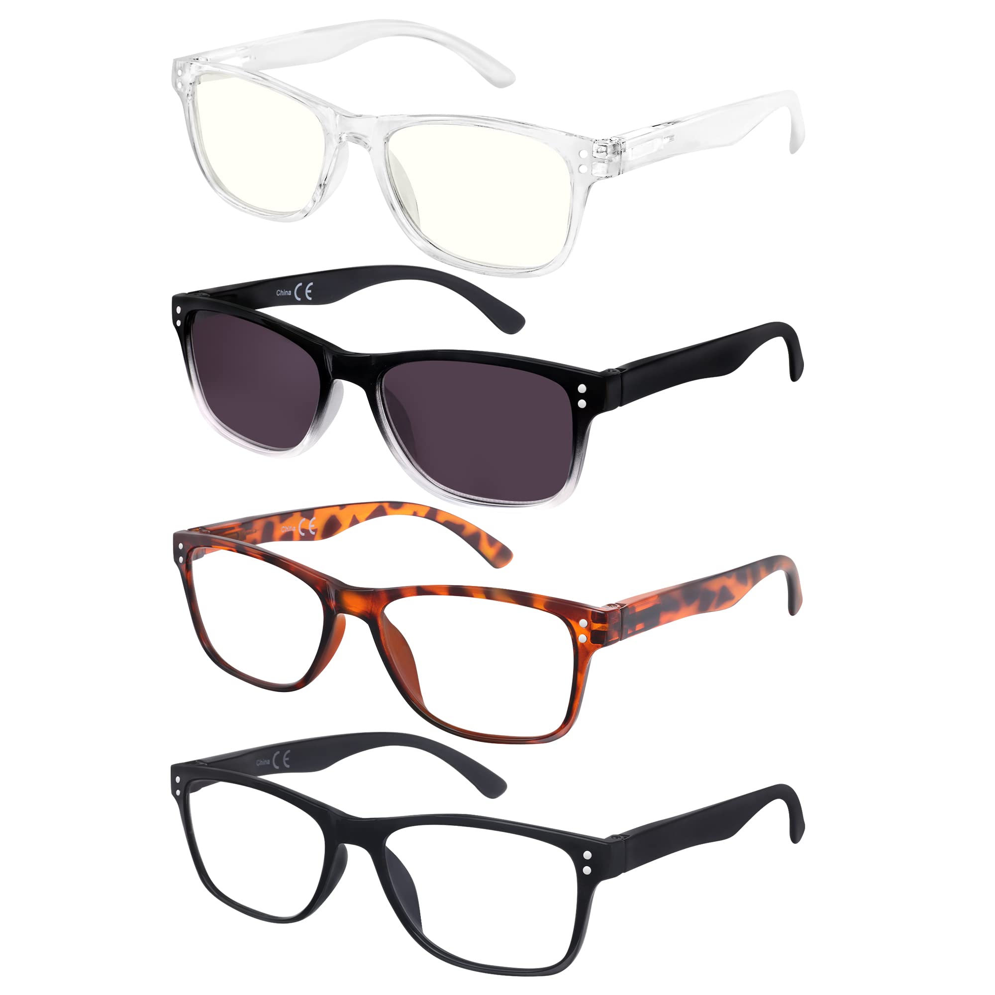 EFE Gafas de Lectura 4-Pack Hombres Mujeres para Leer Clara Gafas Aumento Lectura con Diseño de Bisagra de Resorte Rectángulo Estilo Ligeros Cómodos