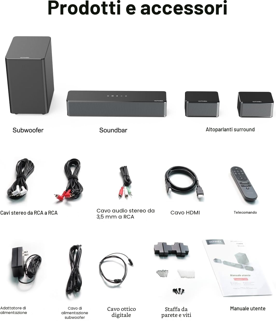 ULTIMEA 5.1 Canali Soundbar, Dolby Atmos, Subwoofer Wireless, 410W Home Theater Soundbar TV, Regolabili Surround e Bassi, Sound Bar Televisore con HDMI-eARC, Poseidon D60