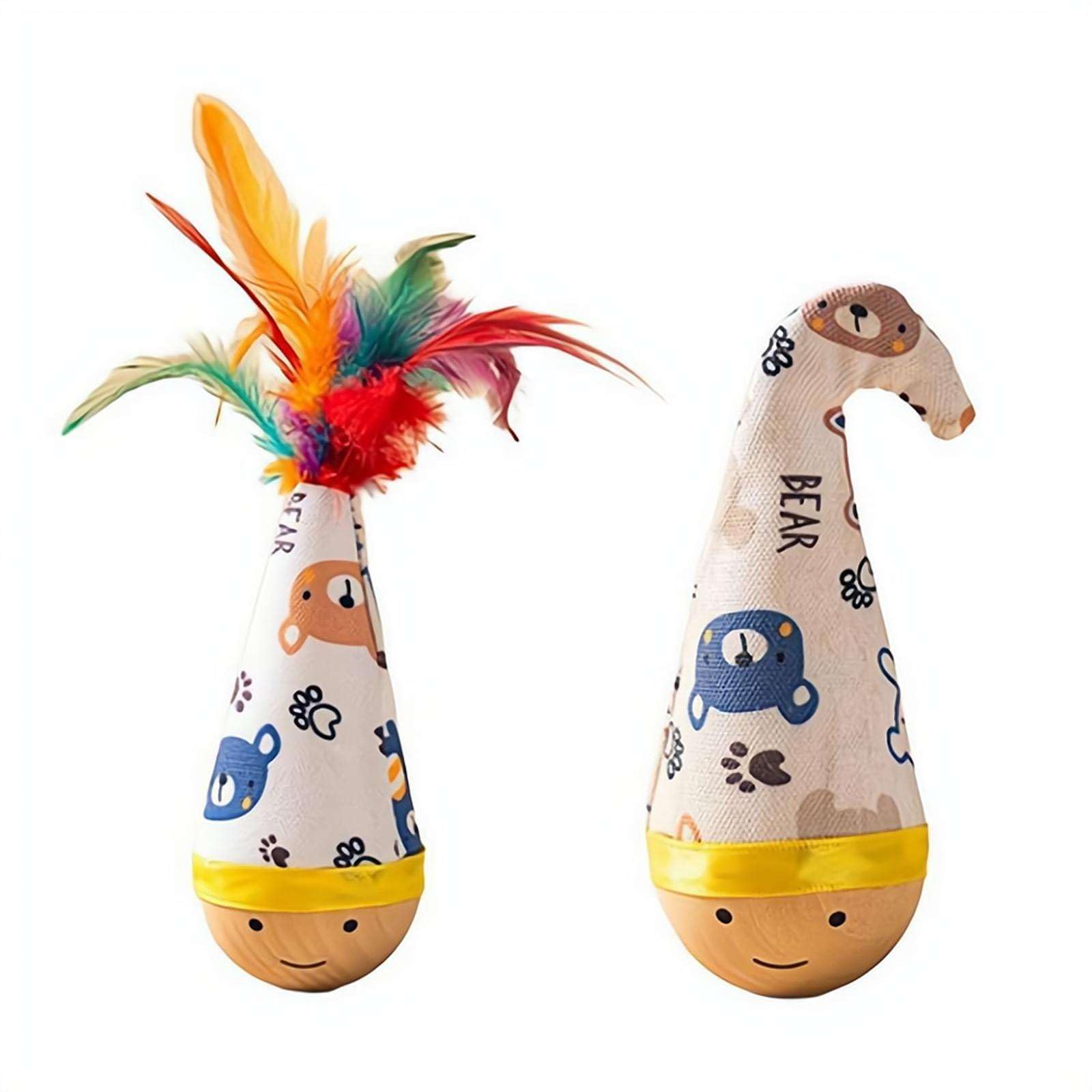 Cat Feather Toy, 3D Weeble Wobble Tumbler Toy for Indoor Cats & Small Dogs,Interactive Wobble Starter ToyS,Self-Righting Interactive ToyS with Colorful Feathers,for Play Exercise Game Lick Whack