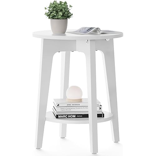 VASAGLE Round Side Table with Lower Shelf, End Table for Small Spaces, Nightstand for Living Room, Bedroom, White ULET283T14, 15.8 x15.8 x 19.7 Inches