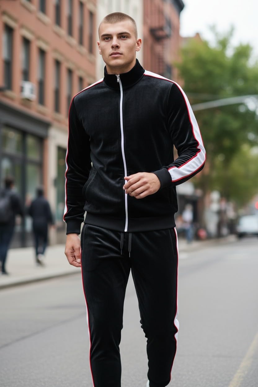 SCREENSHOT Mens Slim Fit Spandex Plush Velour Track Jacket - NYC Athletic Fashion Side Taped Top - Image 2