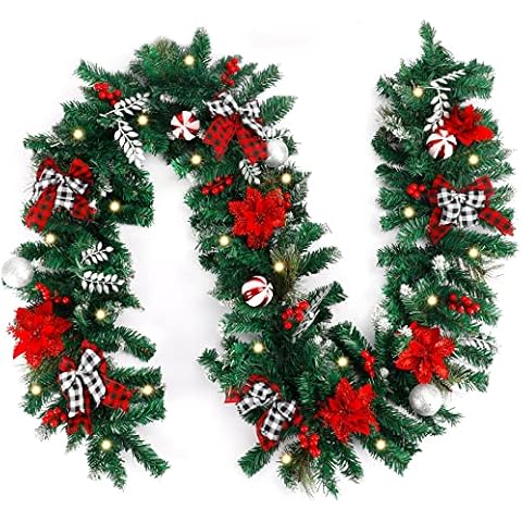 CEWOR 9 Feet Christmas Garland with 50 Warm White Lights, Un-prelit Battery Operated Lighted Garlands with Bows Red Berries for Mantle Xmas Holiday Fireplace Winter Outdoor Decorations Cover