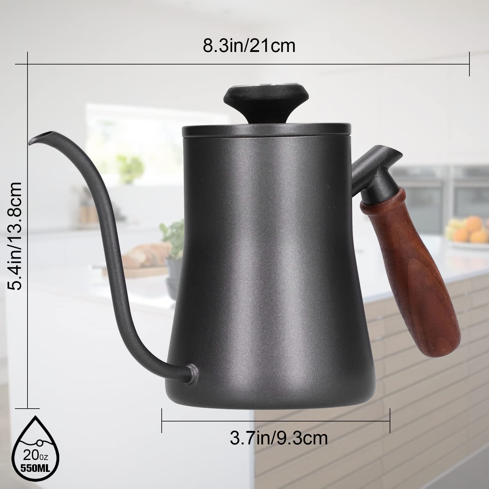Bouilloire à Café Col De Cygne 850 Ml - Acier Inoxydable Avec Thermomètre - Poignée En Bois - Pour Méthode Manuelle (Pour Over, Dripper)