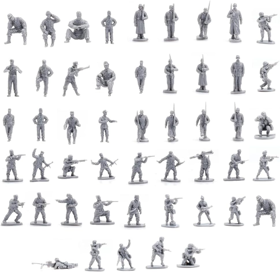 ViiKONDO 1/72 Army Men 54 Pcs German VS U.S. Toy Soldier Mini Gray Action Figure for DIY Painting by Advanced Military Fans(Team A)