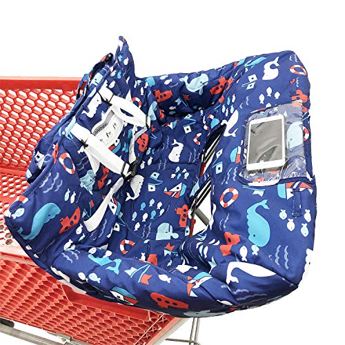 Portable 2-in-1 Grocery Cart Seat Cover and Baby Highchair Cover (Navy Blue Whale)