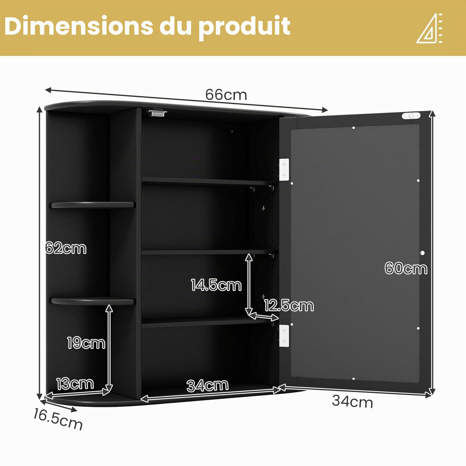 GIANTEX Armoire Murale Salle de Bain avec Miroir, Meuble WC Suspendu avec Portes-Miroir et Étages Réglables, Étagère de Rangement en 6 Niveaux,17 x 65 x 64 cm, Noir