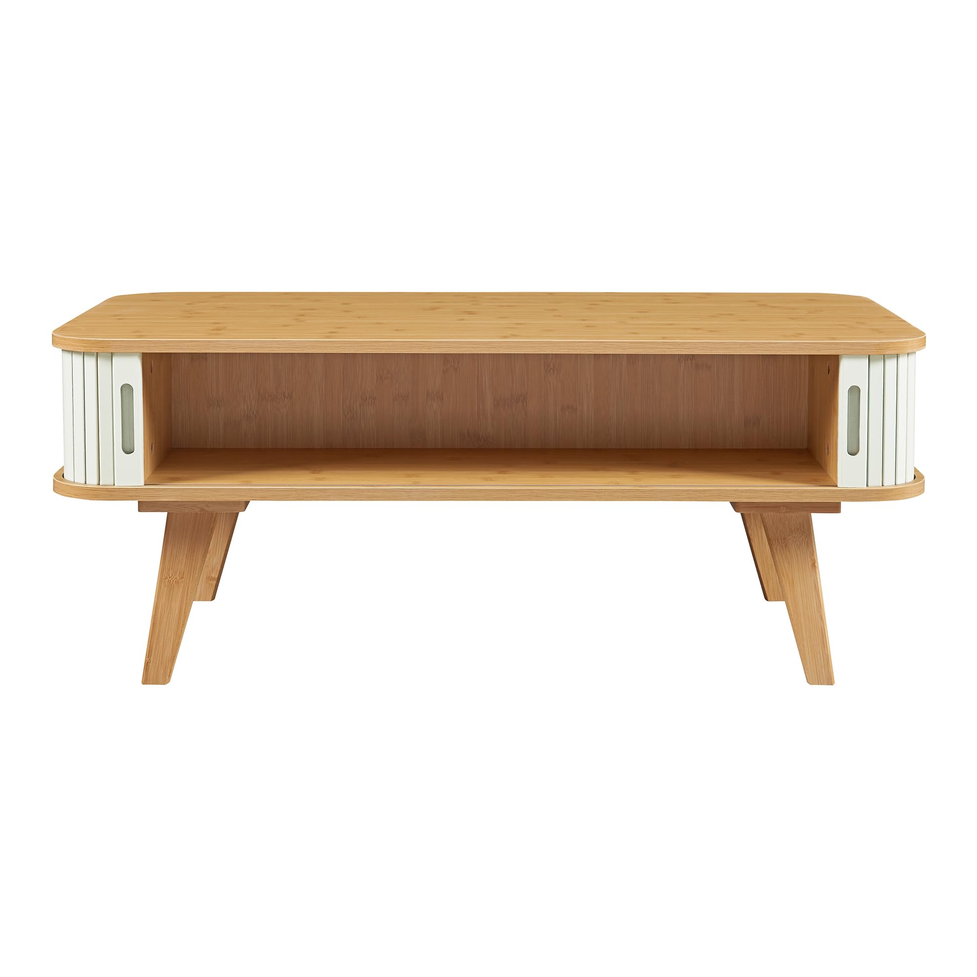 [en.casa] Table Basse Design Scandinave avec 2 Portes Coulissantes et Compartiment de Rangement Table d'Appoint Bout de Canapé Bambou MDF 100 x 50 x 40 cm Naturel Blanc Crème