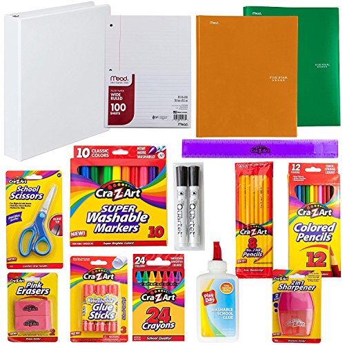 Back to School Supply Kit: Crayons, Markers, Pencils, Sharpener, Scissors, Ruler, Eraser, Filler Paper, Binder, Portfolios, Glue Sticks | First, Second, Third, Fourth, Fifth & Sixth Grade. (A1)