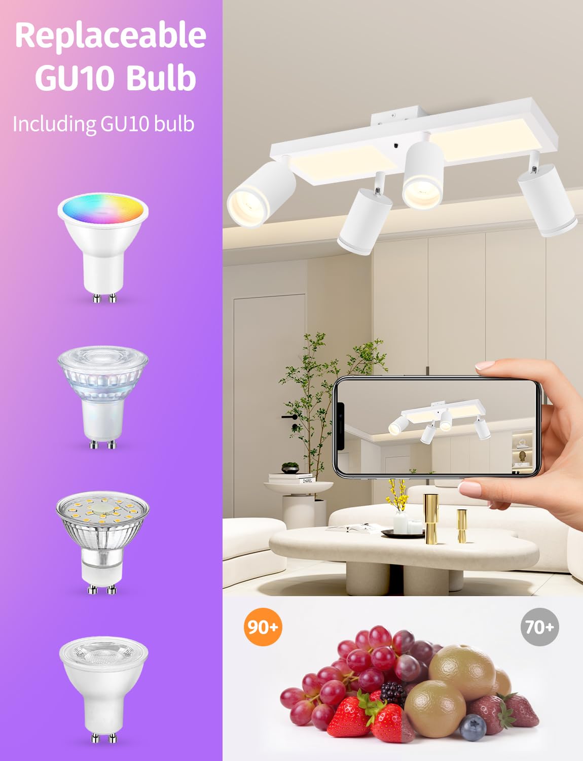 YindaLux Deckenstrahler LED mit Fernbedienung RGB Farbwechsel 30W 3600LM | Weiß RGB Deckenleuchte 4 Flammig mit Unteres Glühen, Inkl. GU10 Leuchtmittel, Schwenkbar Strahler Lampe für Wohnzimmer