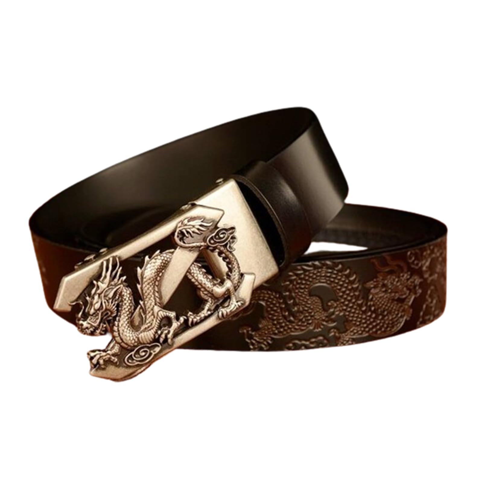 Vestido para hombre Jeans Cinturón Trinquete Automático Dragón deslizante Hebilla plateada Cuero en relieve Correas de cintura negras 1 3/8 "(35 mm)
