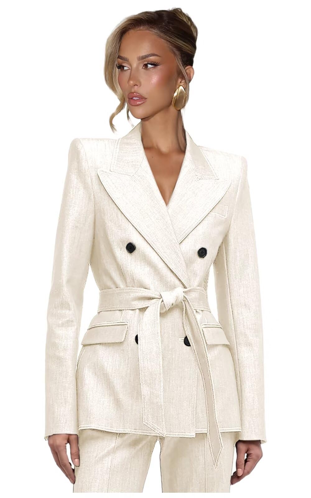Denim Womens Suit with Belt 2 Piece Set V Neck Suits for Women 6 Button Blazer Wide Leg