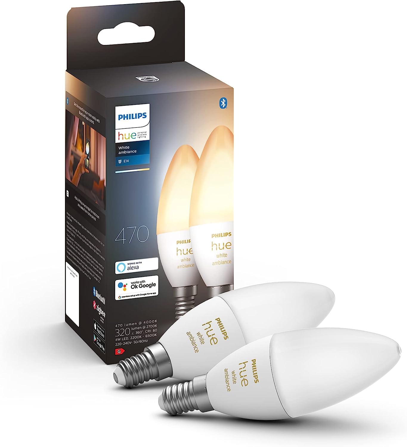 PHILIPS Hue White Ambiance 2 Lampadine LED Smart, con Bluetooth, Attacco E14, 5 W, Dimmerabili, Luce Bianca da Calda a Fredda + Hue White Ambiance Lampadina LED Smart, con Bluetooth, Attacco E14