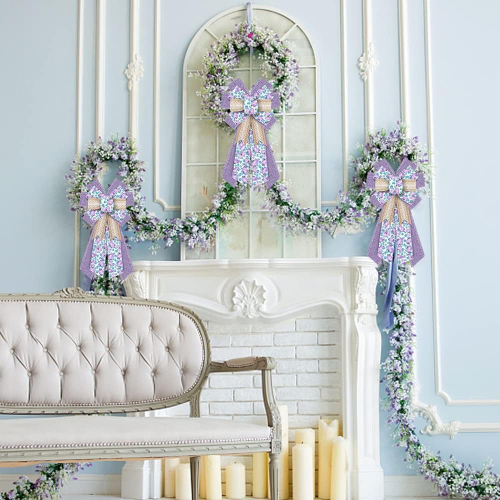 Hying Spring Flowers Bows for Wreath, Purple Natural Burlap Wreath Bow Butterfly Tree Topper Bows Farmhouse Craft Bow for Front Door Birthday Easter Decoration - Image 5
