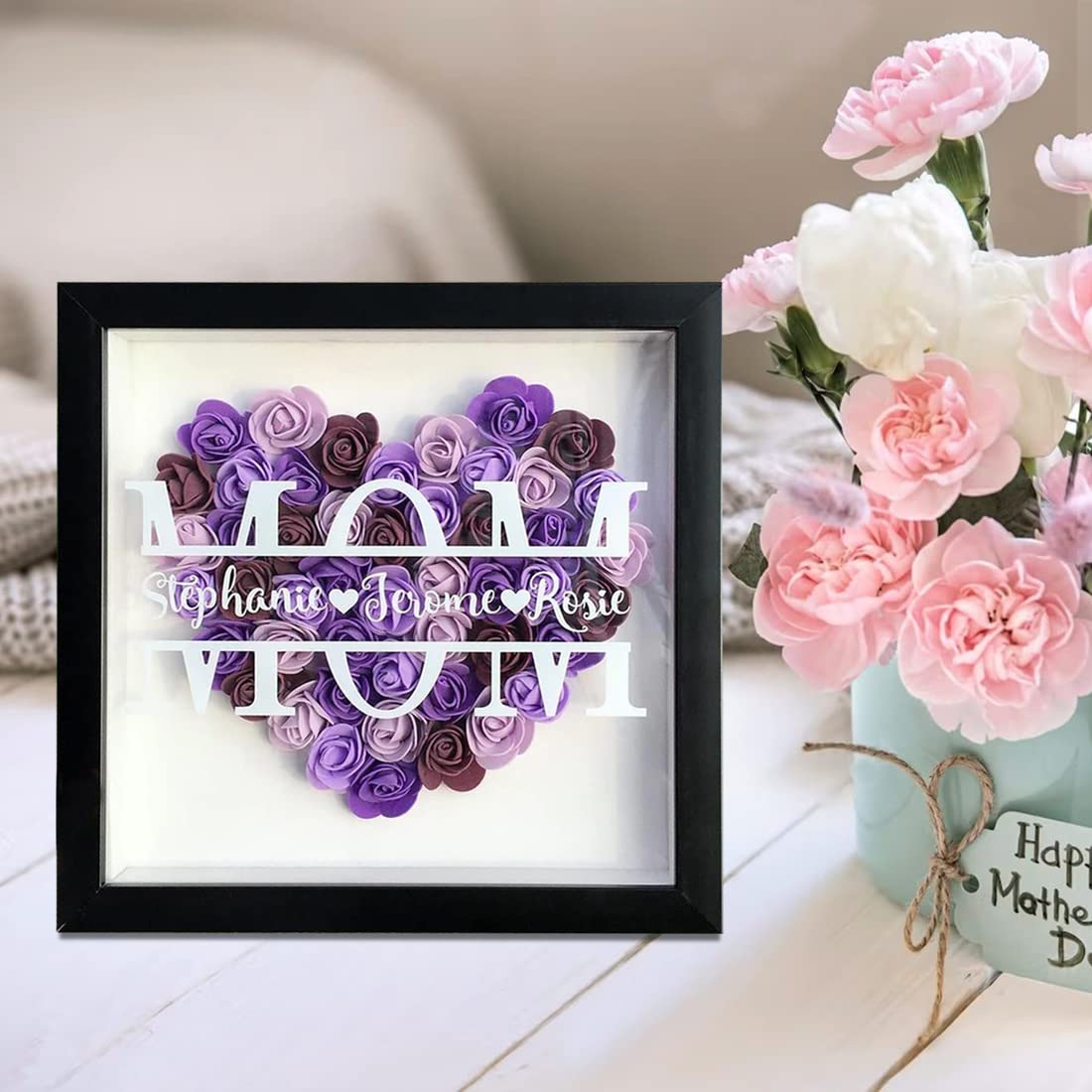 Cadre Photo Personnalisé Avec Roses Préservées - Boîte D'ombre En Forme De Cœur - Pour Maman, Grand-mère - Nom Des Enfants Personnalisable