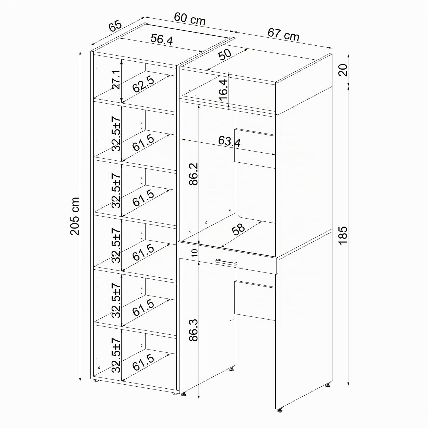 ROOMART, Schrankwand, Trockner auf Waschmaschine, 127 cm breit, Waschschrank, Waschmaschinenregal (1 Einlegeboden, Weiß)