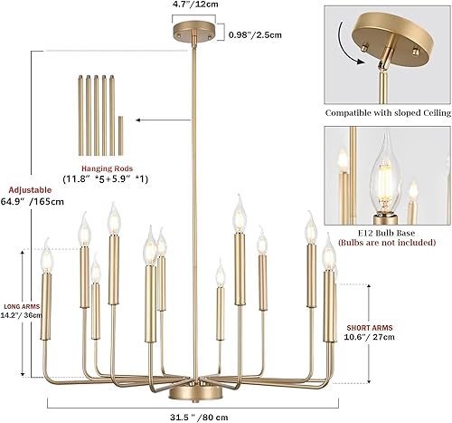 Miniatura 5 de Candelabros Modernos Dorados de Granja, Candelabro de Metal Industrial de 12 Luces, Lámparas Colgantes Clásicas de Velas para Cocina, Comedor, Sala