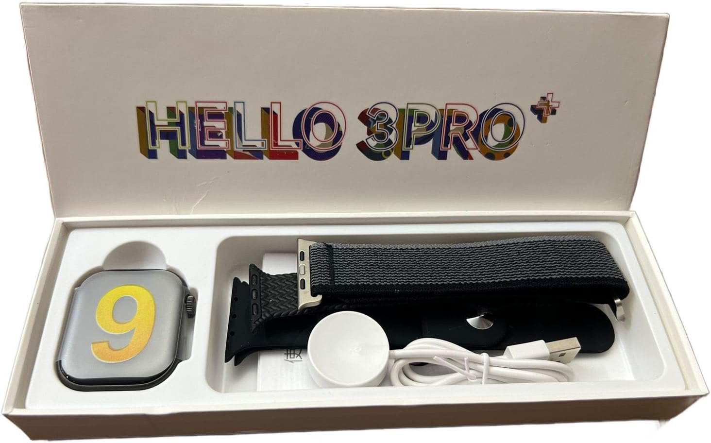 Hello 3 Pro Plus Smartwatch worn on a wrist, showing a vibrant display with various app icons.