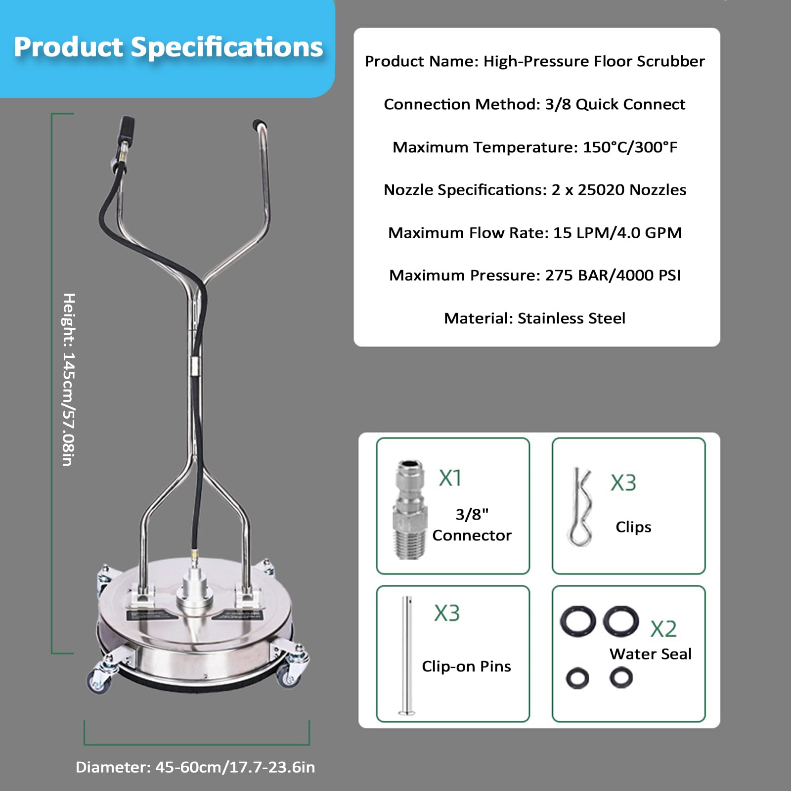 Limpiador de superficies de lavado a presión de 24 pulgadas, escoba de agua de acero inoxidable con asas y ruedas, 4000 PSI, conector de 3/8 pulgadas y 2 boquillas, para entrada, acera, patio