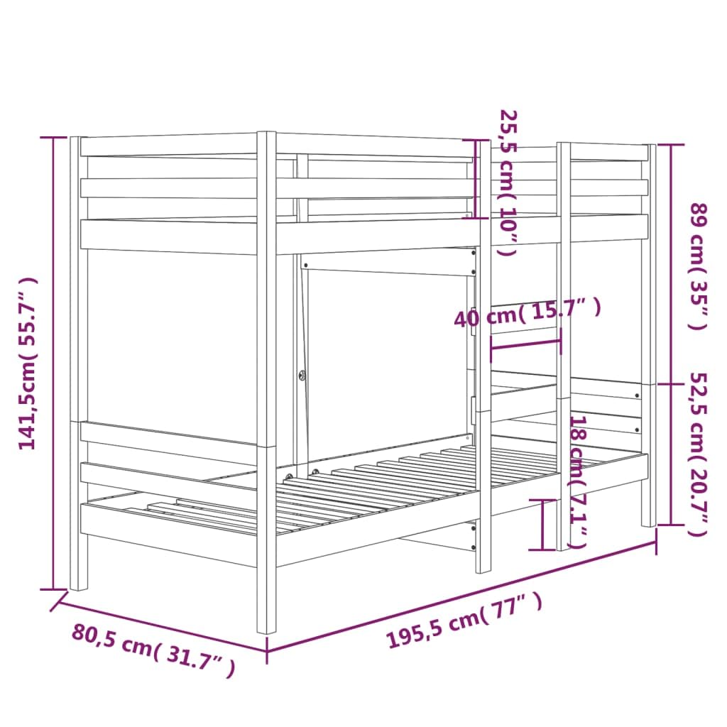 vidaXL Litera Cama Alta Somier Colchones Escalera Dormitorio Habitación Niños Adolescentes Adultos de Madera Maciza de Pino Blanco 75x190 cm