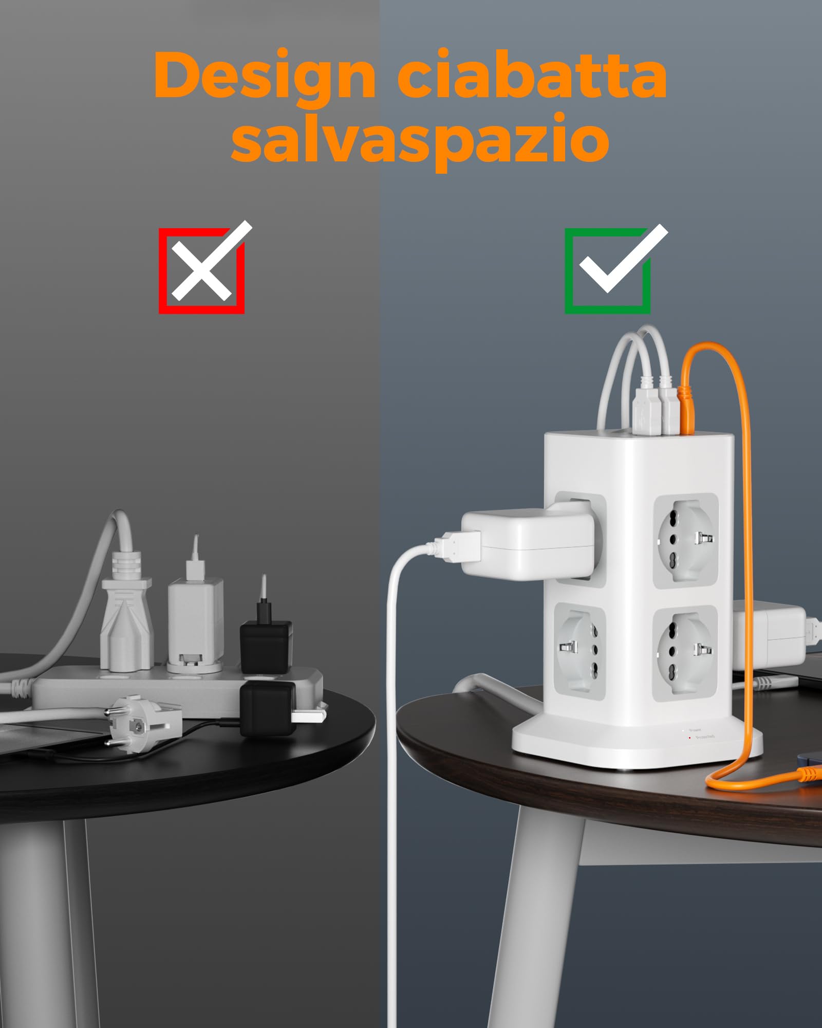 TESSAN Ciabatta Multipresa con USB 20W, Ciabatta Elettrica con 8 Prese IT 16A, Torretta Multipresa Protezione Sovratensione con Interruttore e Prolunga Elettrica 2 Metri, 3680W Presa, Girgio