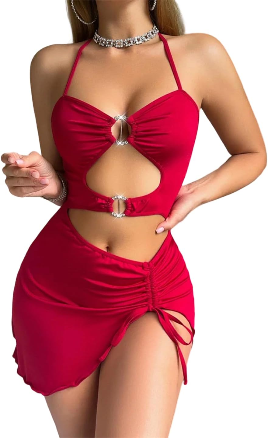 Women's Sexy Pajamas Halter Night Nightgown Bodycon Home Wear One Piece Pajamas Slim Height Slit Nightwear