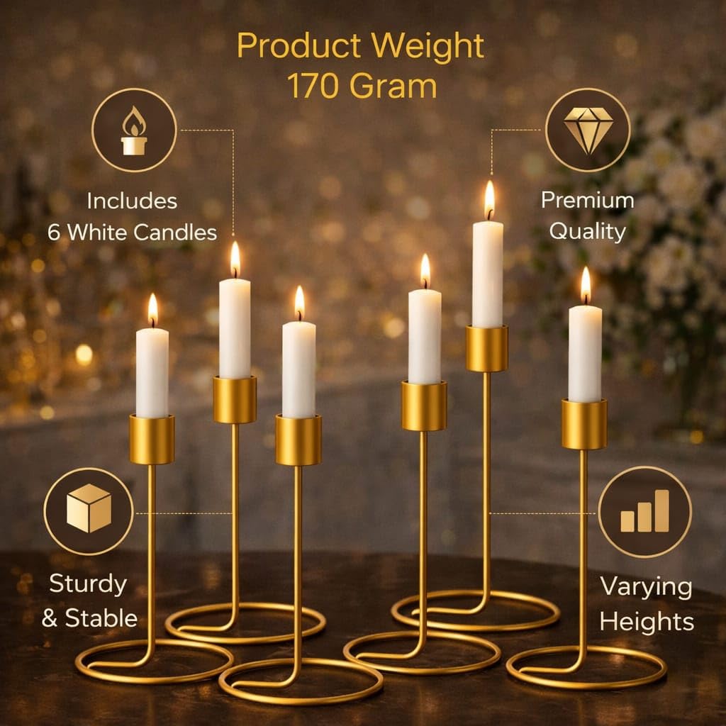 (Set of 6) Gold Metal Taper Candle Holder with (6 White Candles Included) - Decorative Stands for Home Decor, Table Centerpiece, Wedding & Festival Decoration, Elegant Golden Stick Holders 3
