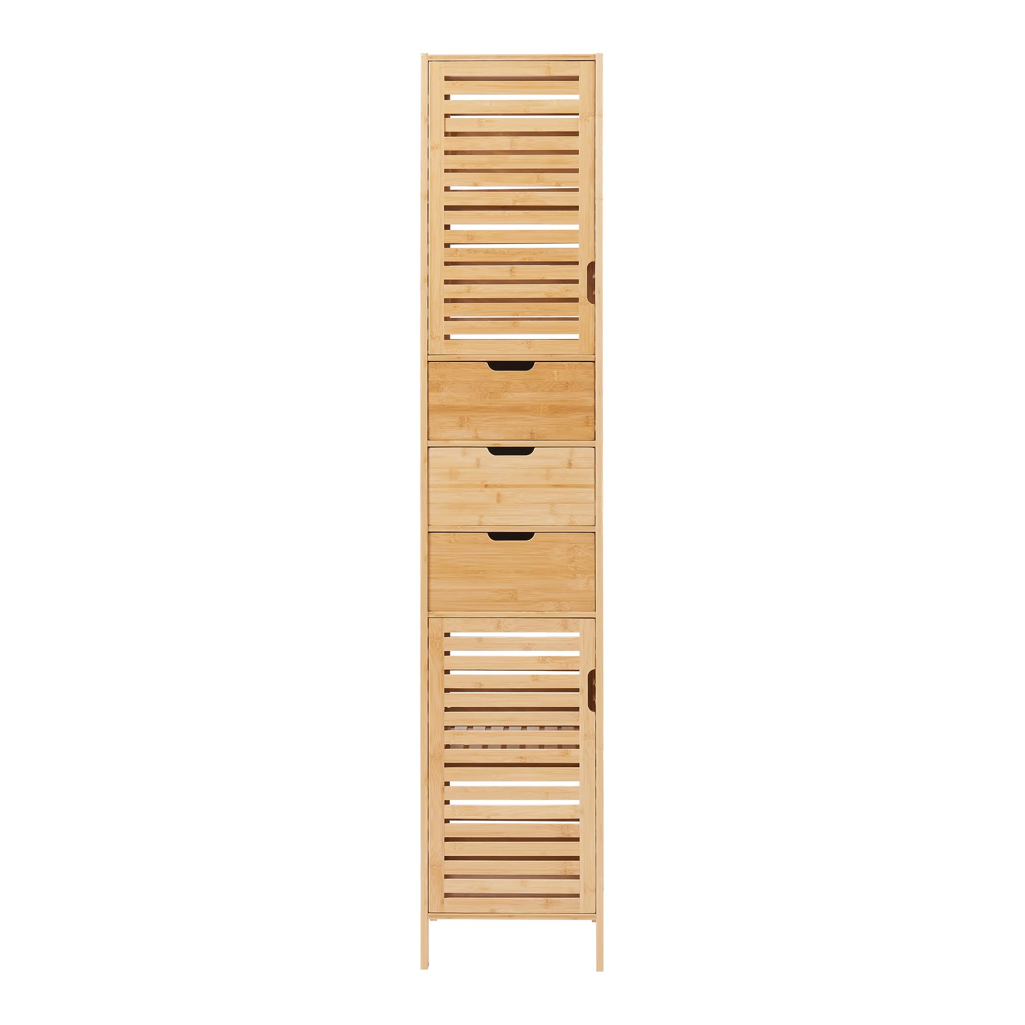 [en.casa] Armario Alto de Baño Boksereys Mueble Alto de Baño con 2 Compartimentos con Puertas y 3 Cajones Mueble Auxiliar 180 x 35 x 35 cm Bambú - Natural