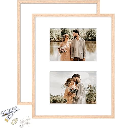 ATOBART Portarretratos de madera de roble de 11 x 14 pulgadas con paspartú o de 5 x 7 pulgadas con 2 paspartús con vidrio plexiglás para pared