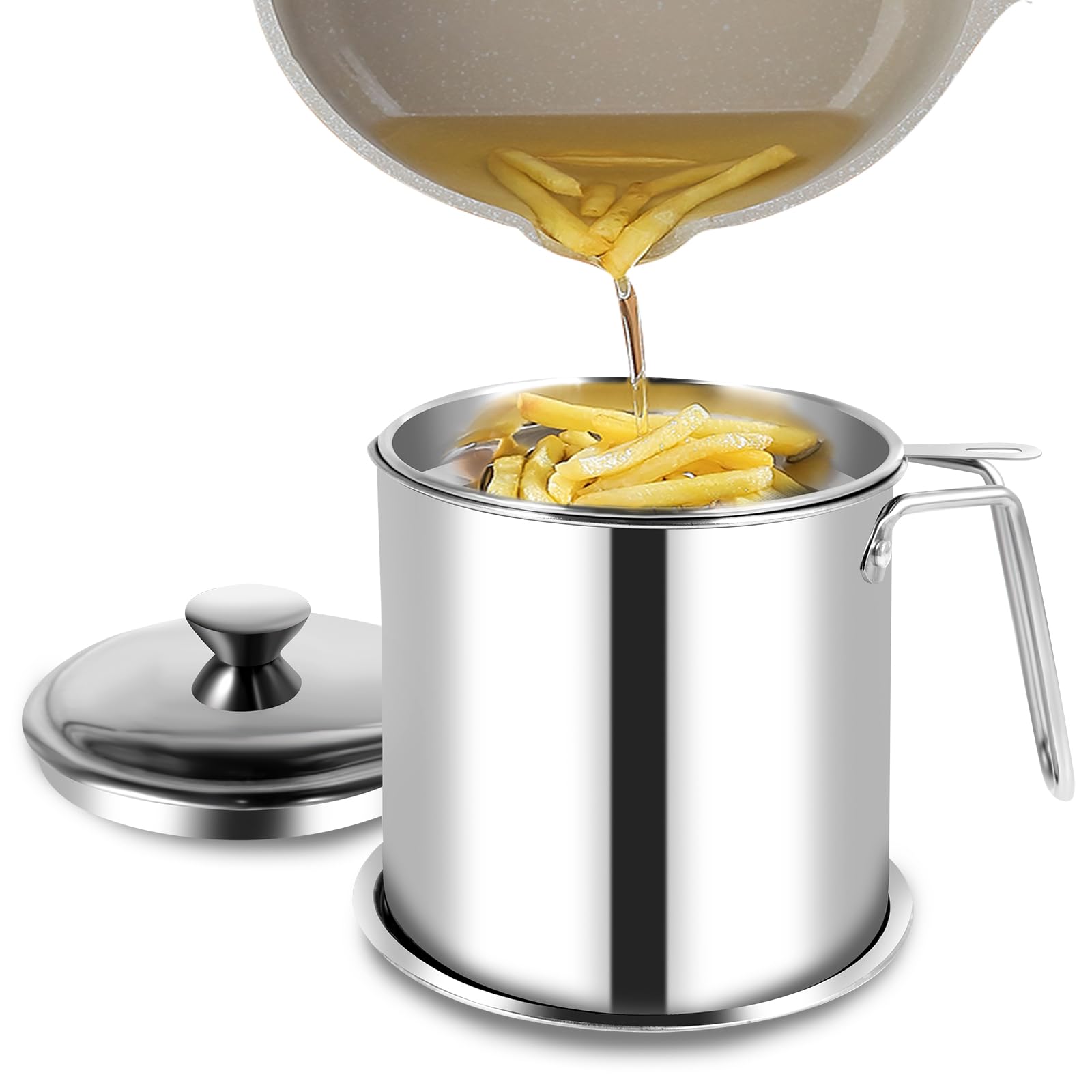 Sesaver 1.8L Oil Strainer Pot, Stainless Steel Oil Storage Container with Strainer and Dust-Proof Lid, Reusable Grease Saver for Storing Frying and Cooking Grease