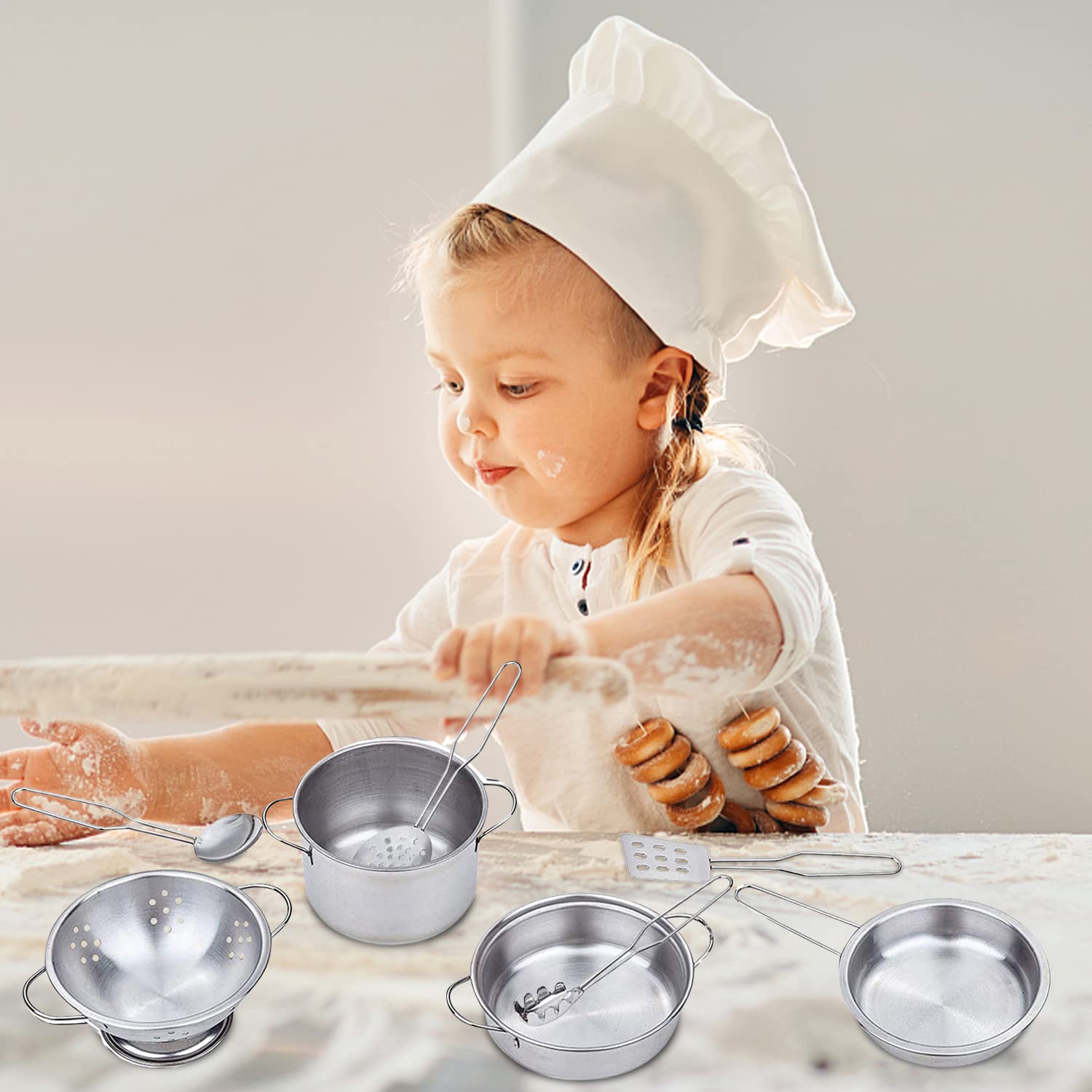 12 Kit di Mini-Cucina, Accessori per Giochi di Ruolo in Acciaio Inox, Casseruole e Padelle per Bambini di 3 Anni e Più