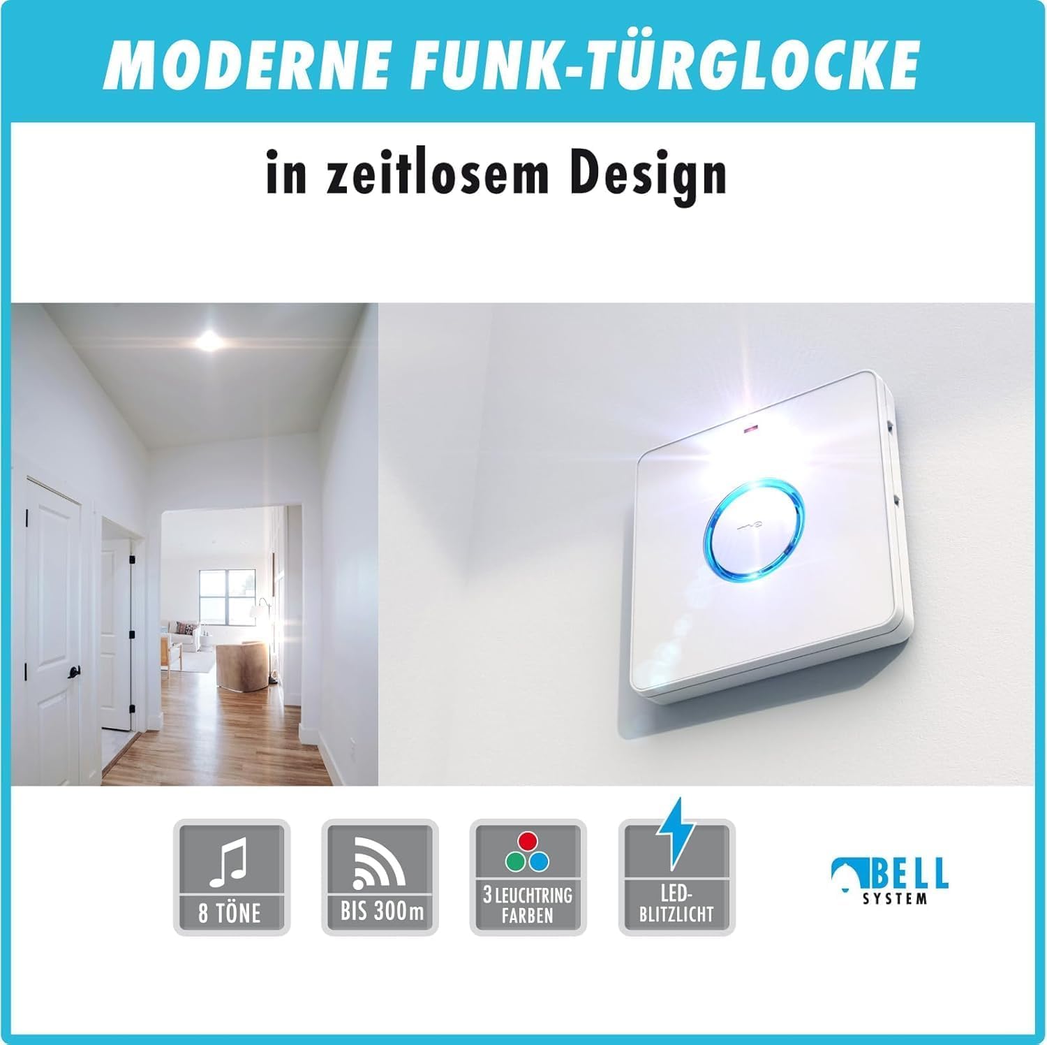 m-e BELL-232.3 Funkklingel Set für 2-Familien-Haus, zuverlässige Funk-Türklingel mit LED-Leuchtring und Blitzlicht, 8 hochwertige Klingeltöne/Melodien, Lautstärke einstellbar, mit Namensschild