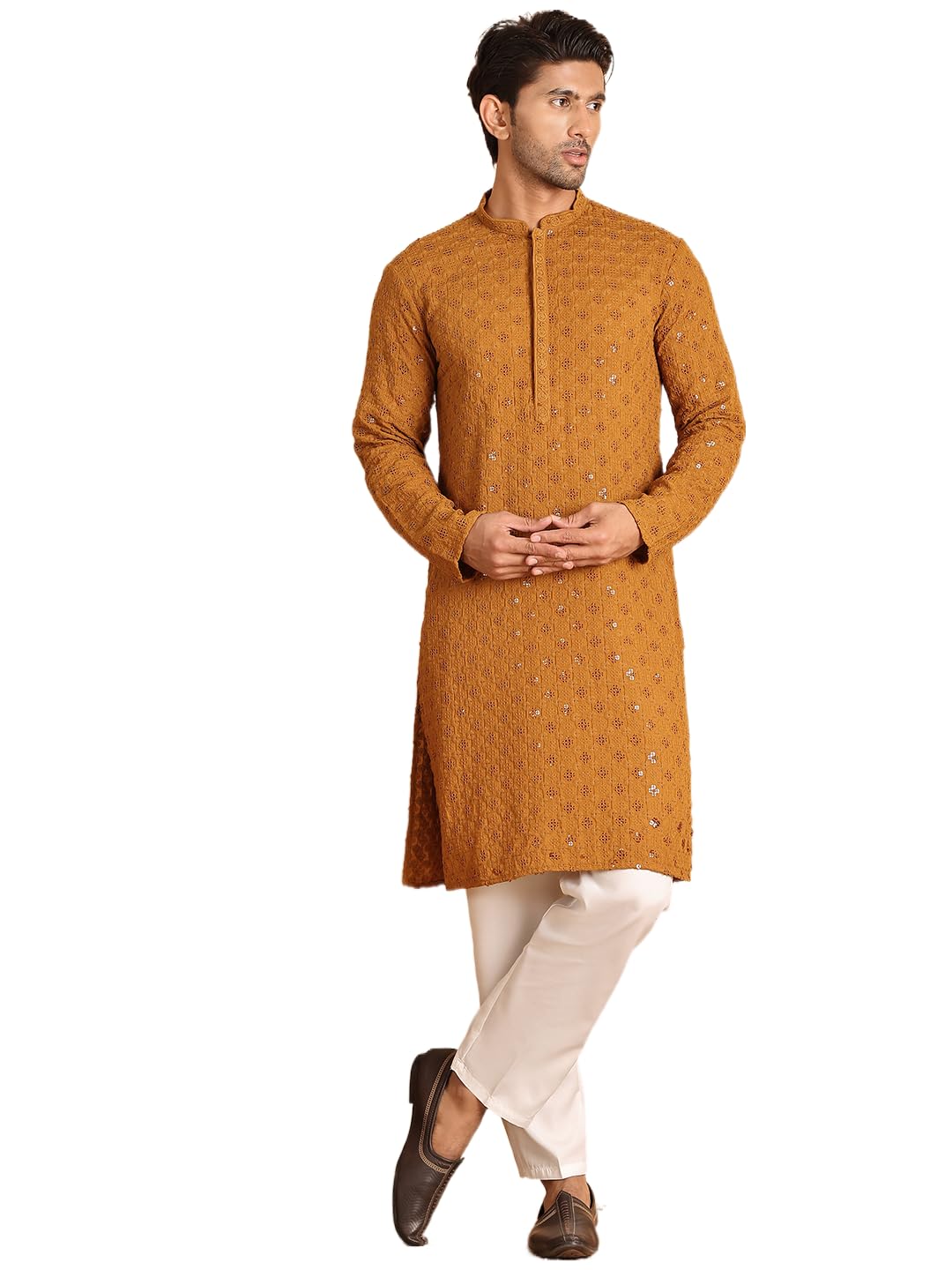 Jompers Mustard Embroidered & Sequins Straight Kurta Set For Men (Mustard, M)