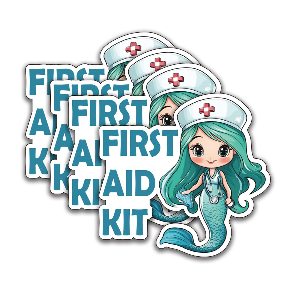 Cute Design First Aid Decals (4 Pieces), 4 Inches – Strong Adhesive, Durable, Waterproof – Ideal Decals for First Aid Boxes, Emergency Kits, Medical