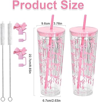 700ml Plastic Cups with Straw and Lid, 2 Pack Reusable Tumbler for Iced Coffee, Cold Drinks, Smoothies, Double Wall Insulated Plastic Tumbler for Office, Travel and Daily Use (Pink Bow)