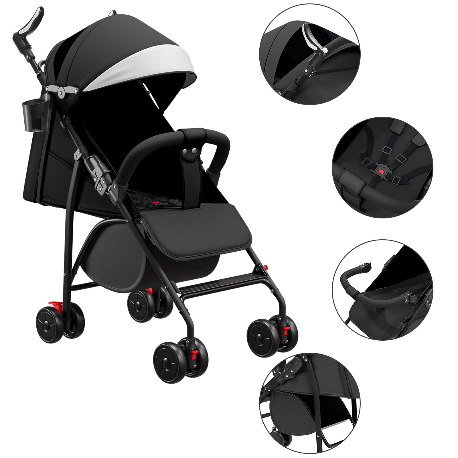 Poussette Canne Compacte 0-4 Ans Légère Pliable Une Main Dossier Inclinable Harnais 5 Points Auvent Moustiquaire 15 kg