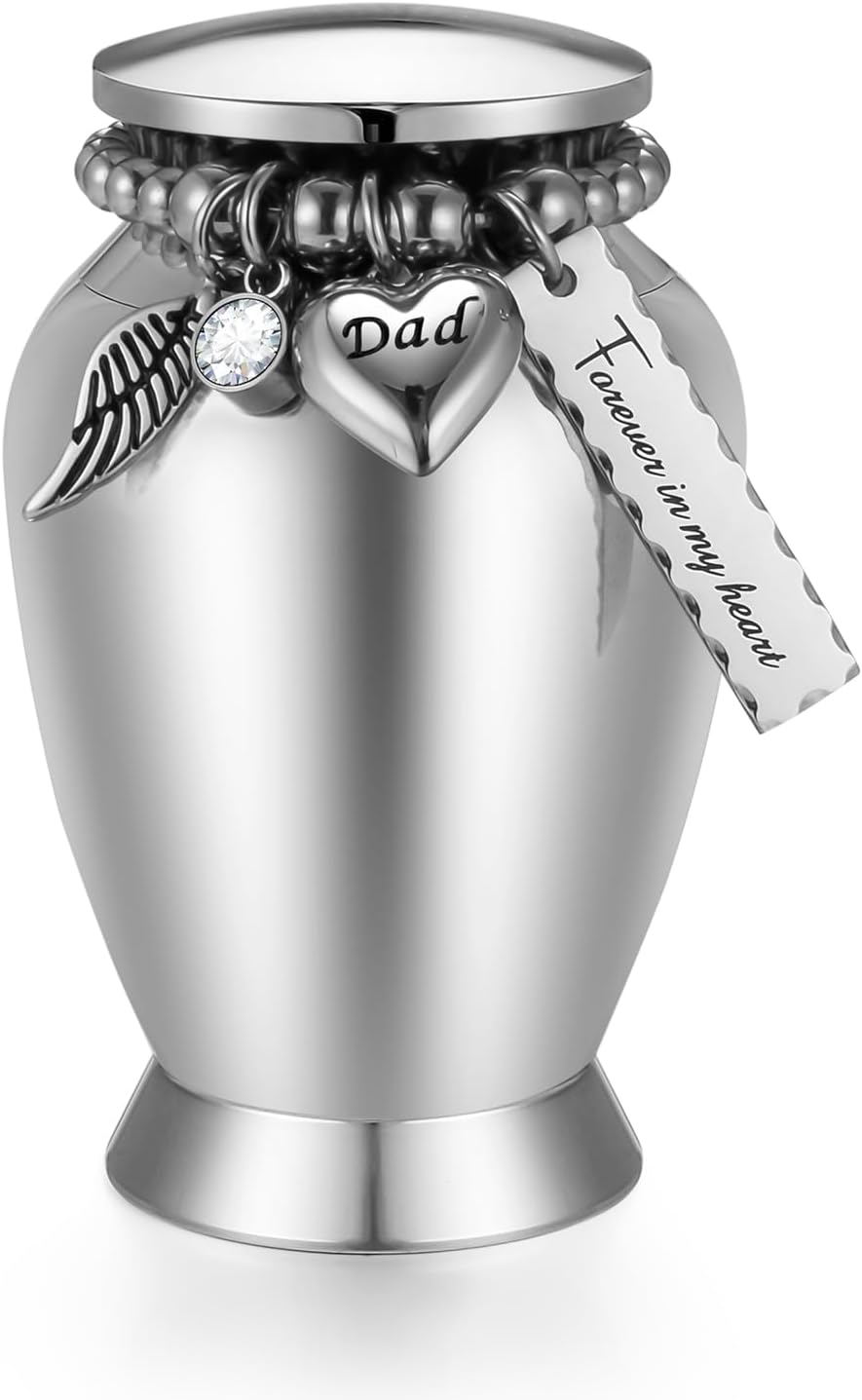Small Urns for Dad 2.85 Inch Small Keepsake Urns with Cross Charm Mini Cremation Urns for Ashes Stainless Steel Memorial Ashes Keepsake-Forever in My Heart