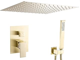 Comprar VALAZ Ducha Encastrada Dorado Cepillado Protección PVD | Ducha Monomando 2 Vías, Rociador Efecto Lluvia | Instalación en Techo Fácil y Rápida | Inoxidable, Cuadrada, Rociador 30 cm, Serie Tajo