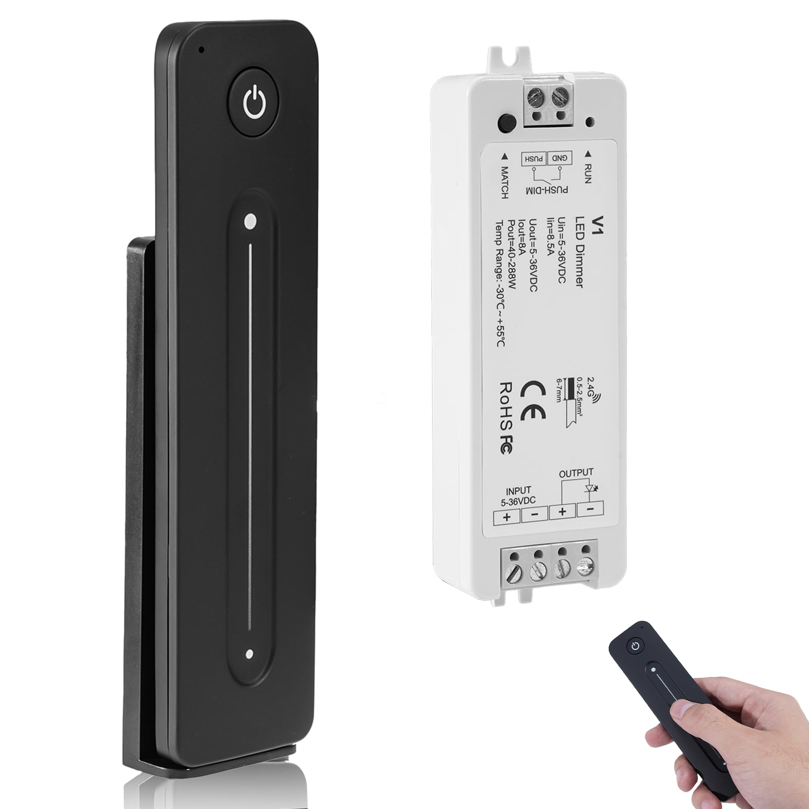 RF 2,4 GHz Variateur de Lumiere LED avec Télécommande, DC 5V-36V 8A Gradateur Contrôleur Montage mural magnétique Pour Couleur Unique Bande LED Lumineuse Dimmable