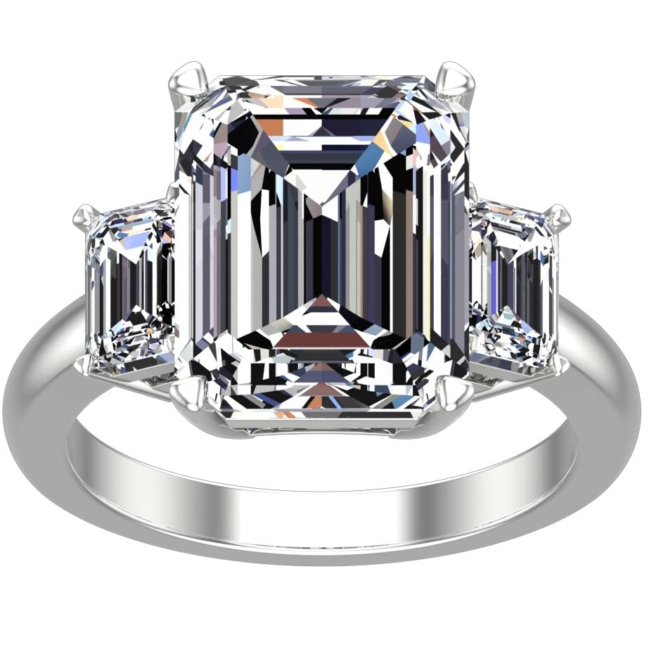 Houston Diamond District 5 1/2 Carat TGW Three Stone Emerald Cut Moissanite Statement Engagement Ring in 14k White Gold