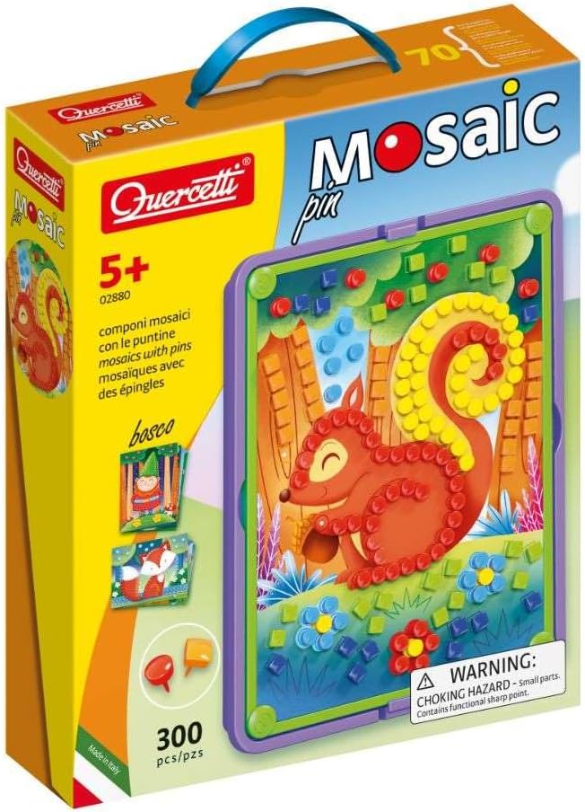 Quercetti Mosaic Pin - Nature Themed Mosaic Making Craft Kit for Kids 5+ - 300 Colored Pins - 8 Pattern Cards - Not Foldable