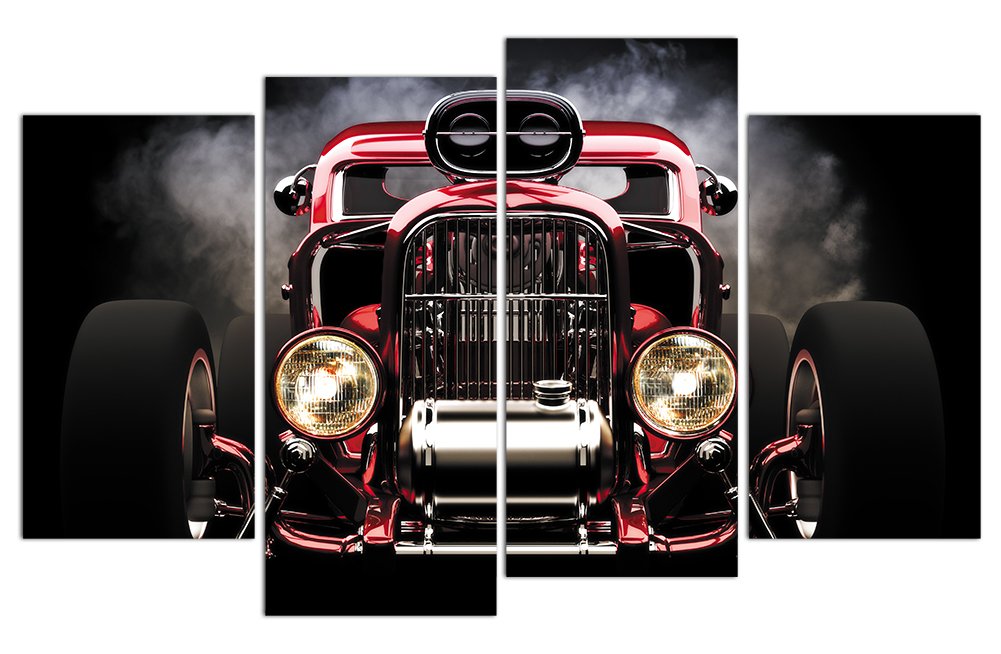 Wu Lian Unframed 4 Panel Infrequent Vintage Car with Steam Painting Image on Canvas Art Decoration Decors for Guestroom or Bedroom(No Frame)